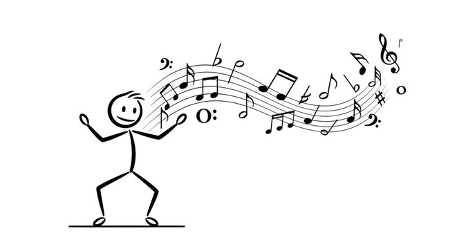 A happy stick figure dances with flowing musical notes around him
