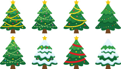 Fototapeta premium Beautiful Christmas Tree Vector Set Featuring Decorated Green Pine Fir and Snowy Evergreen Trees with Festive Garlands Ornaments and Golden Top Stars