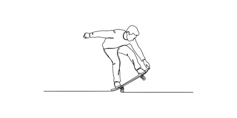 Continuous single line drawing of a man riding a skateboard doing a trick © Line Art Gallery