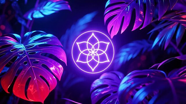 Neon jungle with glowing purple totem