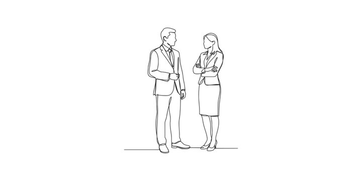 Continuous one line drawing of a business man and a business woman standing and talking to each other