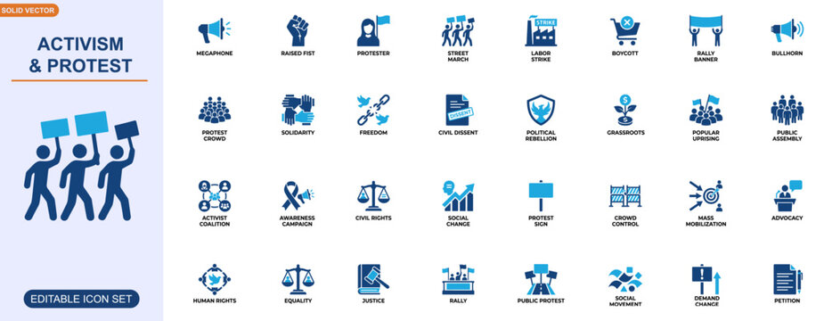 Activism and protest icon set. protest, advocacy, human rights, rally, equality, social movement, megaphone, boycott. Editable icons collection. Vector.