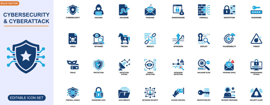 Cybersecurity and cyberattack icon set. cybersecurity, hacking, malware, phishing, ransomware, encryption, firewall, intrusion. Editable icons collection. Vector.