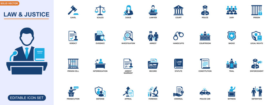 Law and justice icon set for legal system, court procedure, criminal law, judiciary, police enforcement, trial process, legal rights, investigation. Editable icons collection. Vector.
