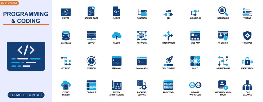 Programming and coding icon set. software development, api integration, cloud server, database, debugging, algorithm, web interface. Editable icons collection. Vector.