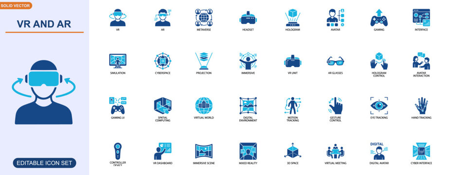 VR and AR interface icon set for immersive technology. Mixed reality headset, hologram control, spatial computing, avatar interaction, gaming UI, metaverse. Editable icons collection. Vector.