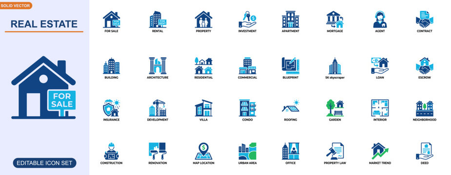 Real estate icons set for property market and housing services. property, real estate, house, apartment, mortgage, agent, contract, investment. Editable icons collection. Vector.