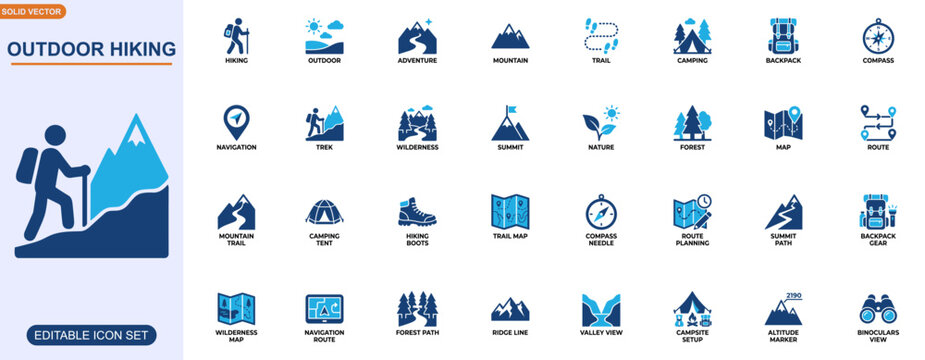 Outdoor hiking adventure icon set. hiking, outdoor, adventure, mountain, trail, camping, backpack, compass, navigation. Editable icons collection. Vector.