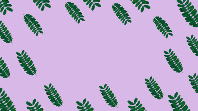 Vibrant repeat print background showing green pinnate leaves organized seamlessly around an open center space on a purple backdrop.