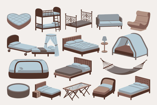 Comprehensive collection of various bed types, bunks, hammocks, and sleeping furniture in simple flat design.