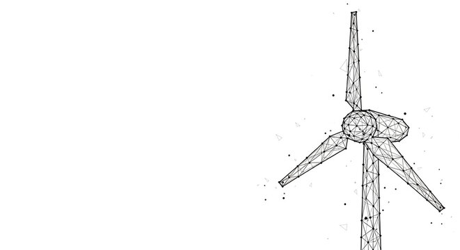 Abstract digital wireframe wind turbine on white background representing renewable energy and green technology