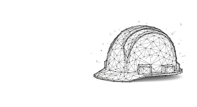Abstract wireframe hard hat symbol representing construction safety, engineering design, and industrial technology