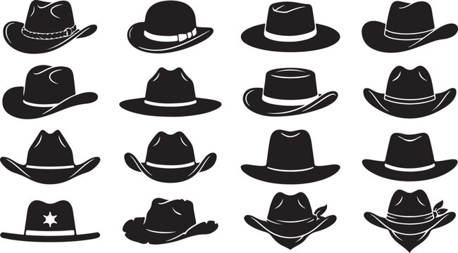 Collection of sixteen black silhouette featuring various styles of cowboy hats, western headwear, sheriff hats, and felt fedoras arranged in a grid pattern on a plain white background