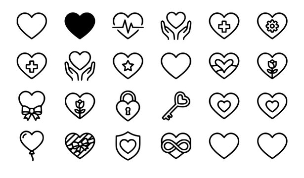 heart, outline, love, romance, favorite, like, charity, medical, wedding, balloon, ribbon, flower, lock, key, infinity, heartbeat, editable, stroke, icon, vector, ui, collection, minimal, isolated, sy