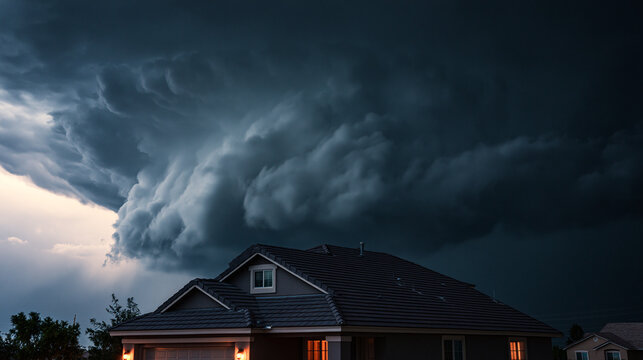 A dramatic supercell storm cloud looms over a residential house at twilight. This powerful scene illustrates themes of extreme weather, nature's intensity, and safety.
