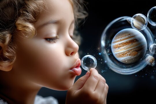 Child blowing bubbles with a planetary theme in a dreamy cosmic backdrop