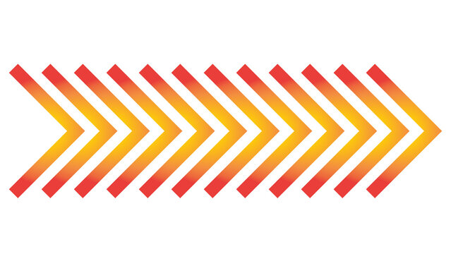 Abstract series of chevron arrows in gradient orange and red pointing right with gradient direction progress abstract movement navigation indicator background creative sequence repeating