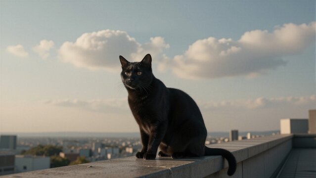 A sleek black cat sits serenely on a rooftop ledge, gazing out at drifting clouds in the warm golden light of late afternoon.