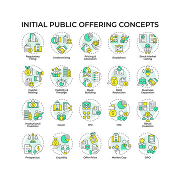 Initial public offering multi color concept icons. Raising capital by opening to stock market. Corporate success. Icon pack. Vector images. Round shape illustrations for brochure. Abstract idea