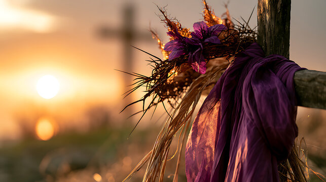 Image of Jesus' crown of thorns and purple robe near cross at sunset. A crown of thorns and a purple robe hang on a wooden post beside a cross. The sun sets in the background, casting a warm light acr