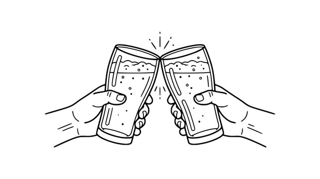 Two hands holding beer glasses clinking together for a toast in line art style