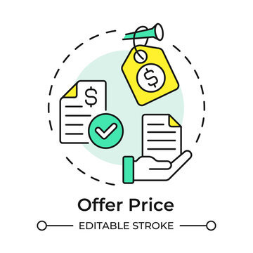 Offer price multi color concept icon. Amount of capital company raises and influences investor. IPO key terms. Round shape line illustration. Abstract idea. Graphic design. Easy to use in blog post