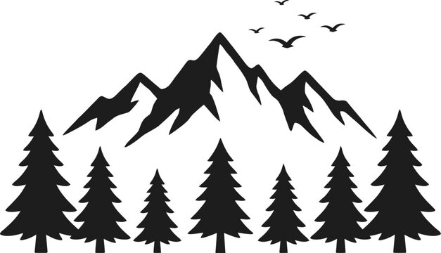 Minimalist mountain and pine tree silhouette with flying birds