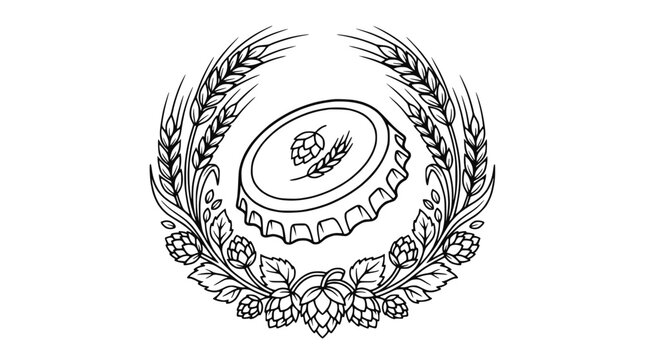 Vintage craft brewery emblem with bottle cap surrounded by wheat and hops wreath