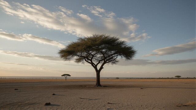 A majestic acacia tree stands tall in a Kenyan savanna during golden hour, exuding serenity amidst desolate vastness.