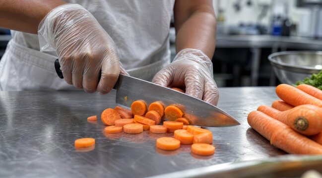 Hands chopping carrots on stainless steel table