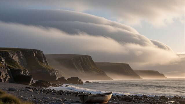 A serene coastal landscape features layered sea cliffs, a pebbly beach, and a small wooden rowboat beached on the shore beneath stratocumulus clouds drifting slowly across the