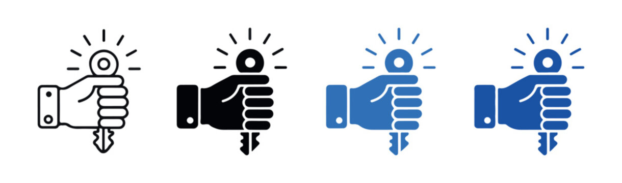 Hand holding key with rays of light outline solid black blue key in hand concept.