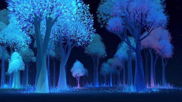 Enchanted forest with glowing blue and purple trees under a dark night sky.