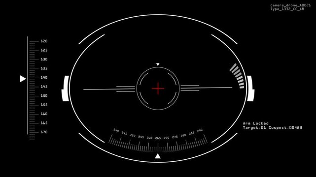 Military weapon targeting display designed with animated tactical HUD, precision targeting, telemetry, crosshair, and surveillance interface for military and futuristic technology content.