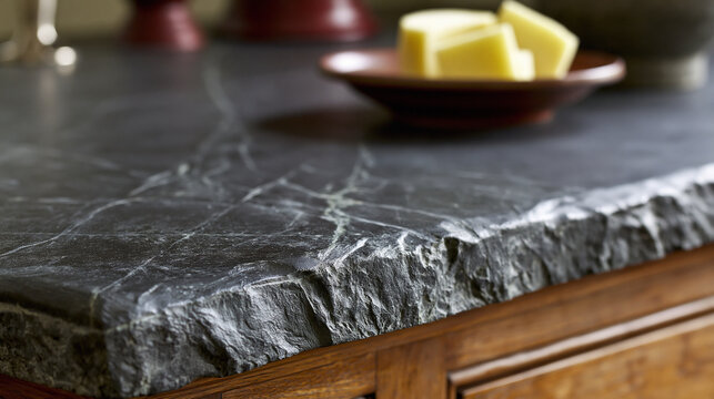 A textured black soapstone kitchen countertop with a natural chiseled edge sits in a rustic home interior. Ideal for luxury interior design and renovation projects.