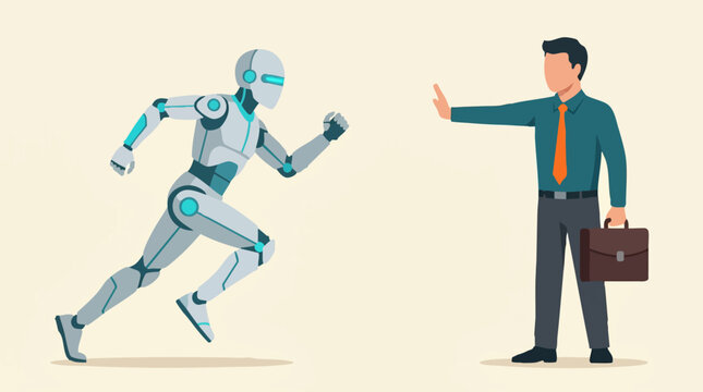 Man stopping running robot, illustrating AI impact on business and jobs
