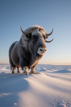 A majestic musk ox stands alert on a snow-covered mound in the Arctic tundra, its two curved horns glistening in the soft golden light of sunrise.