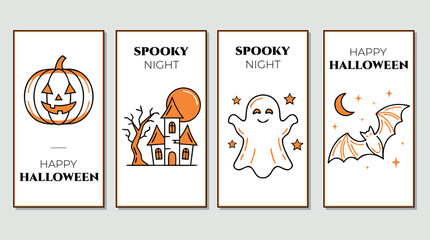 Fototapeta premium Set of 4 Minimal Halloween Posters with Pumpkin Ghost Haunted House and Bat
