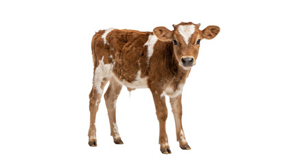 Adorable brown and white calf stands looking directly at the camera on a white background © Sapphire
