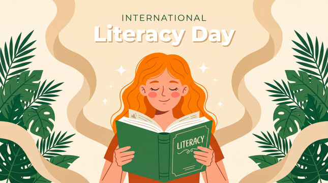Girl reading book celebrating international literacy day