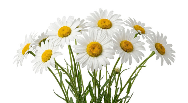 A bouquet of white daisies with yellow centers and green stems on a white background