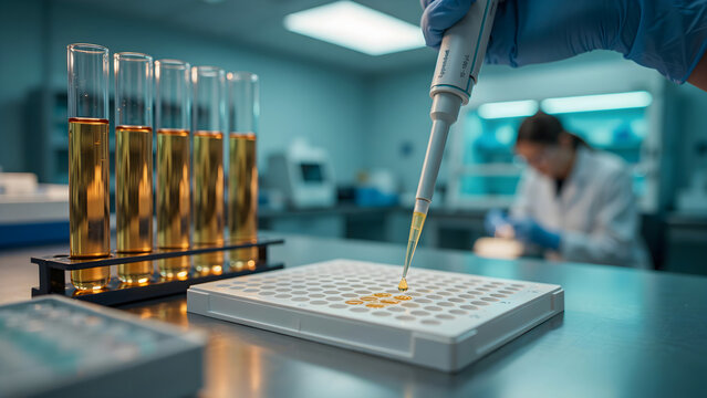 Scientist using a micropipette to fill a multiwell plate in a lab