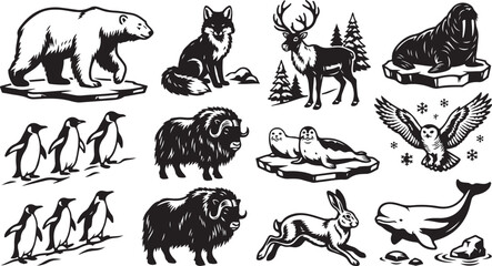 Collection of arctic and antarctic animals in black and white silhouette style, featuring a polar bear, fox, reindeer, walrus, penguins, muskoxen, seals, snowy owl, hare, and a beluga whale © MdAbu