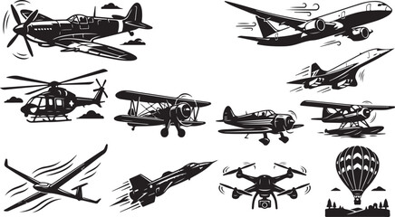 Collection of black and white aviation featuring a vintage propeller plane, jet airliner, helicopter, biplane, seaplane, glider, supersonic fighter jet, quadcopter drone, and hot air balloon © MdAbu