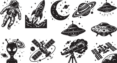 Black and white space set featuring an astronaut, rocket launch, crescent moon, saturn, uf os, alien, satellite, telescope, and space station on a white background © MdAbu