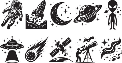 Black and white space set featuring an astronaut, rocket launch, crescent moon, saturn planet, alien, ufo, meteor, satellite, astronomer with telescope, and galaxy nebula © MdAbu