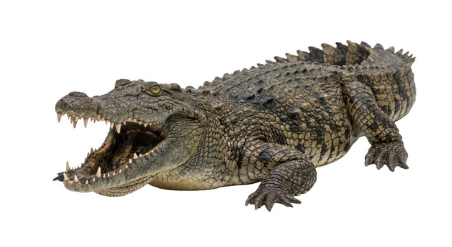 Close-up of a fearsome crocodile with its mouth wide open showing sharp teeth