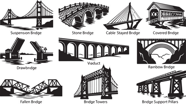 A collection of black and white silhouette representing various bridge types, including suspension, stone arch, cable-stayed, covered, drawbridge, viaduct, rainbow, fallen, and support structures