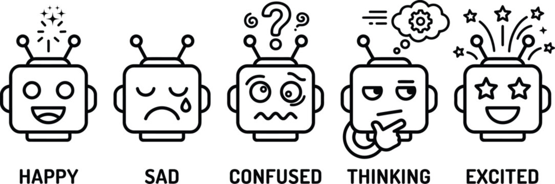 Robot emotion icons set, artificial intelligence character expressions, 5 black line art bot faces showing happy sad confused thinking and excited