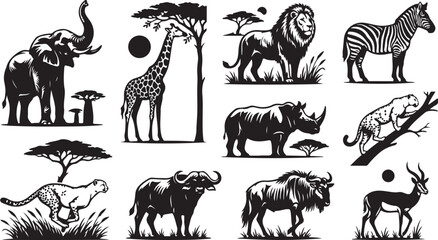 Set of black and white african safari animal silhouettes including an elephant, giraffe, lion, zebra, rhinoceros, leopard, cheetah, buffalo, wildebeest, and antelope in a savanna landscape © MdAbu